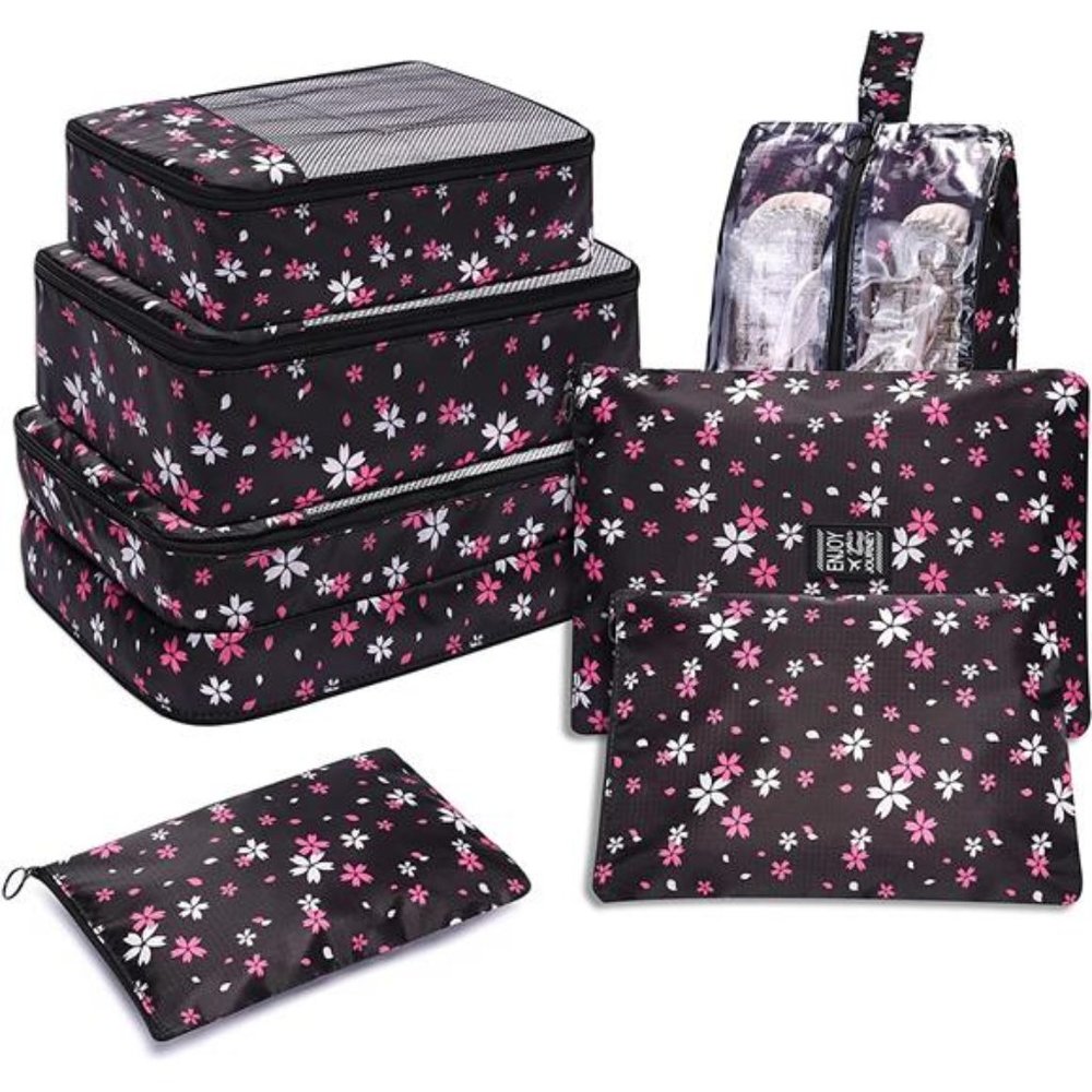 7Pcs Travel Bags Clothes Packing Cube Luggage Organizer (Black Flowers)